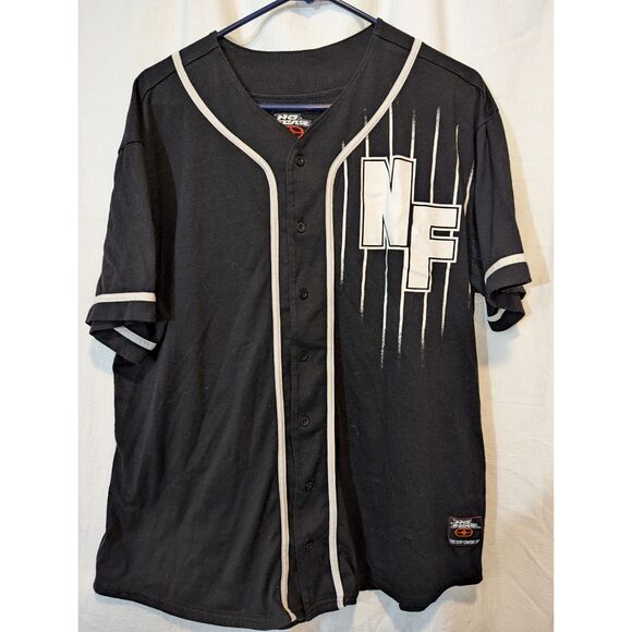 Vintage No Fear Baseball Jersey XL Black Pinstripe Graphic Button Shirt - Picture 1 of 6